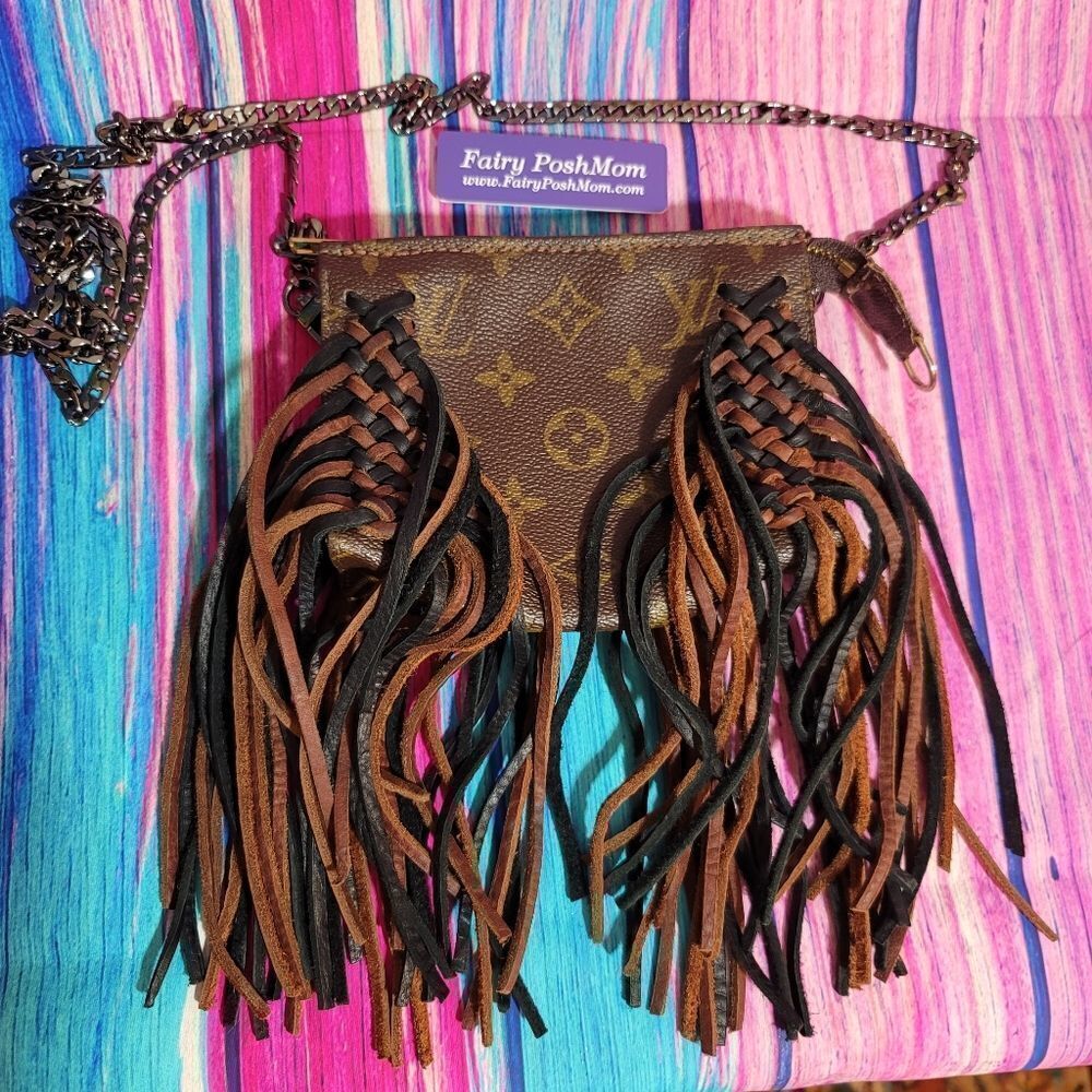 Louis Vuitton Boho Fringe Crossbody Bag Chain Strap Upcycled Auth